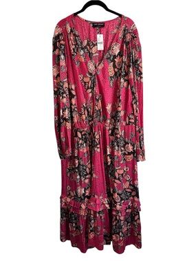Lane Bryant Fuchsia Floral Tiered V-Neck Long Sleeve Dress